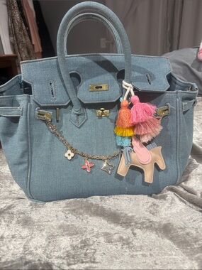 Denim Satchel Handbag with Multicolor Tassel Charm